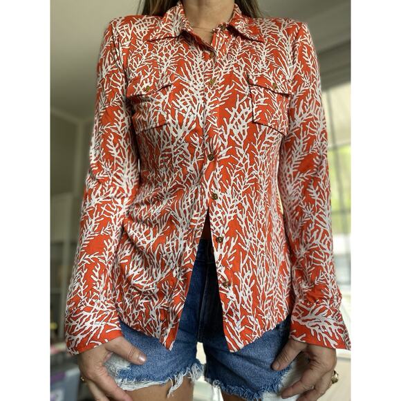 TORY BURCH Silk Printed Fabric Coral Shirt M - Picture 1 of 10